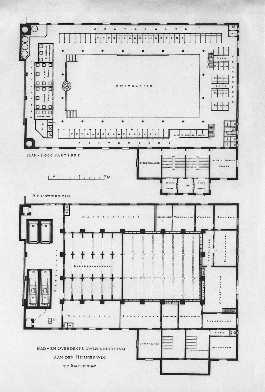 Hand-drawn architectural elevation and plan sheets for a civic building