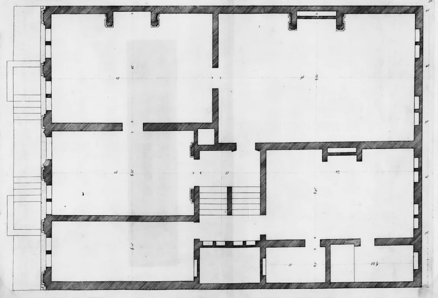 Ink floor plan drawing with rooms, walls and stair cores